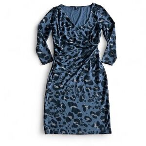 Ann Taylor v-neck grey/black leopard print dress, 3/4 sleeves, rushed waist SzXS